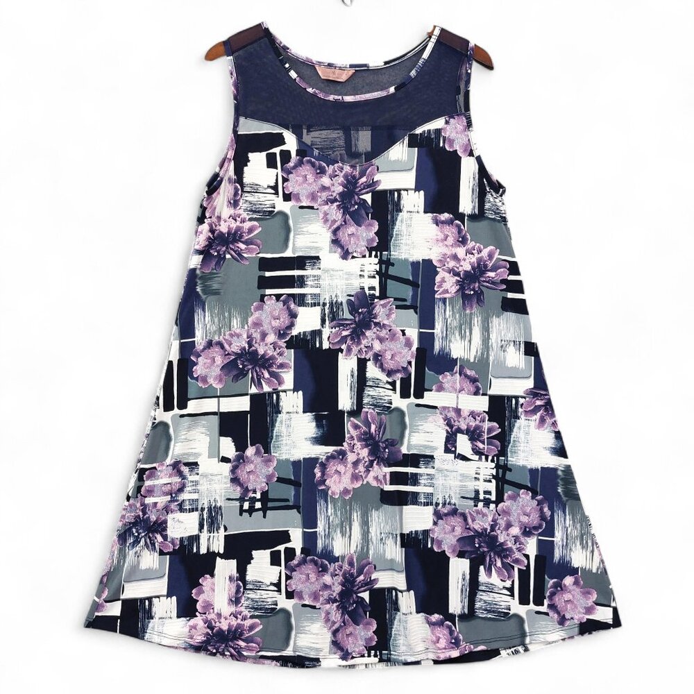 SJS Dress Womens Sz L Purple Floral Geometric Sleeveless A-Line Made USA Summer